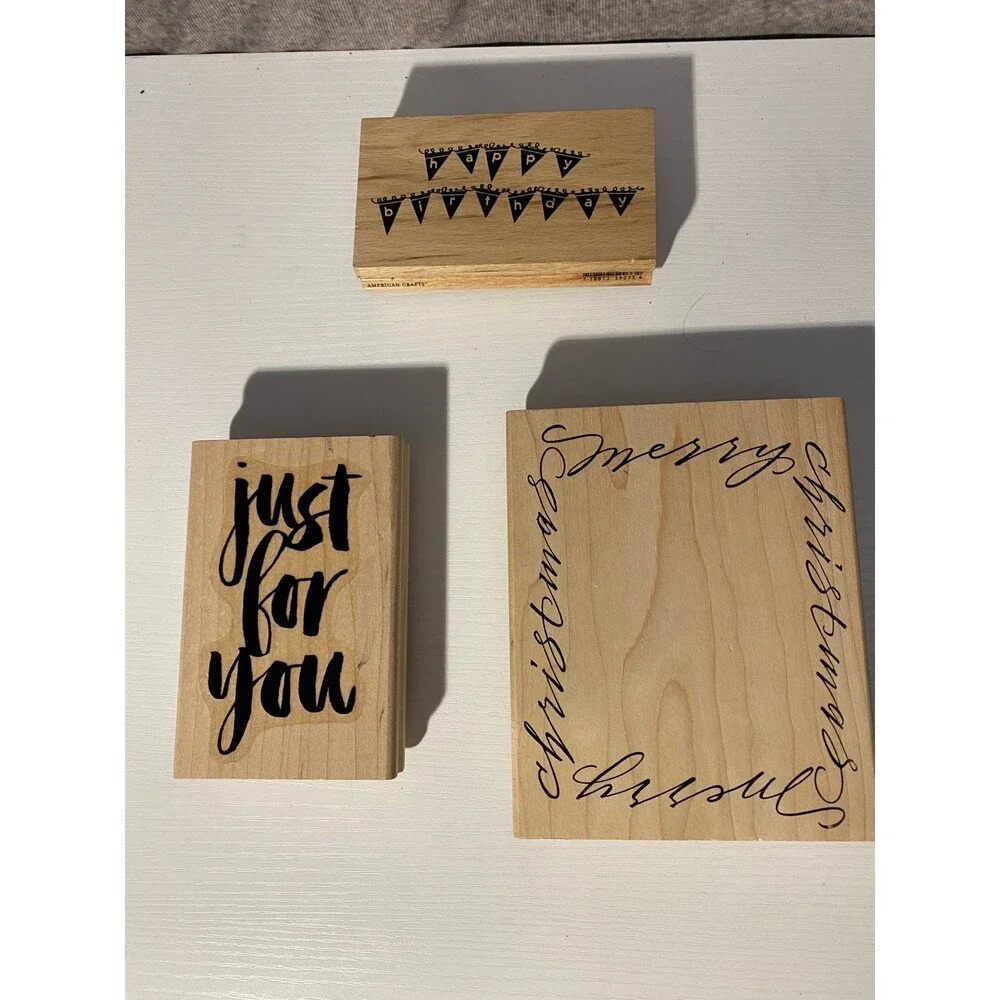 3pc Wood Rubber Stamp Lot DeNami Christmas Frame American Crafts Happy Birthday